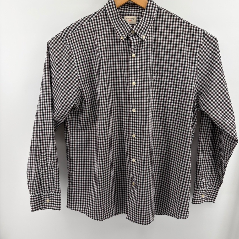 Dockers XL Button Down Shirt Mens Checkered Black/White/Burgundy Long Sleeve - Picture 5 of 8